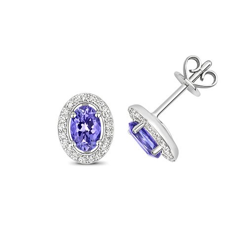 9CT DIAMOND AND TANZANITE HALO STUDS OVAL