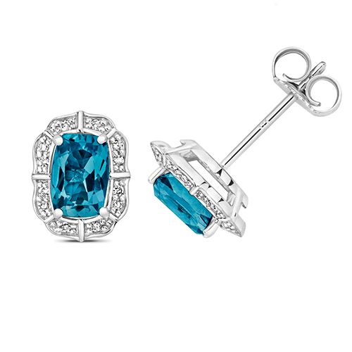 9CT DIAMOND AND LONDON BLUE TOPAZ STUDS