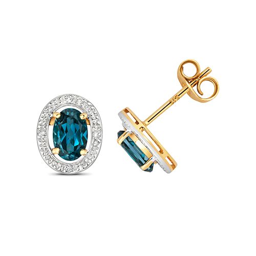 9CT DIAMOND & LONDON BLUE TOPAZ HALO STUDS