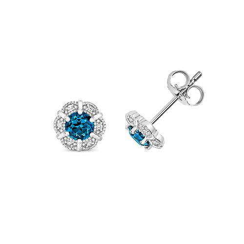 9CT DIAMOND & RD LONDON BLUE TOPAZ STUDS