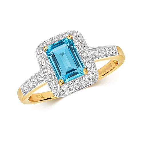 9CT DIAMOND & BLUE TOPAZ RING