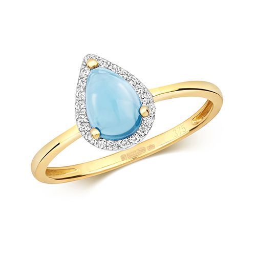 9CT DIAMOND AND BLUE TOPAZ CABOCHON RING