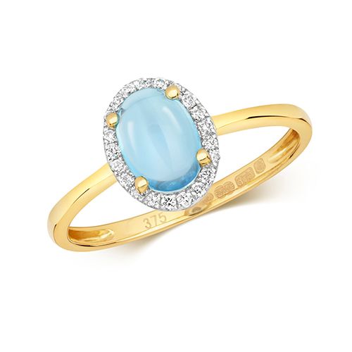 9CT DIAMOND AND BLUE TOPAZ CABOCHON RING