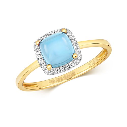 9CT DIAMOND AND BLUE TOPAZ CABOCHON RING