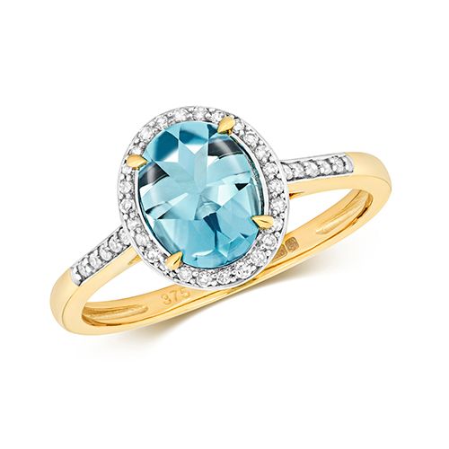 9CT DIAMOND AND LIGHT SWISS BLUE TOPAZ RING