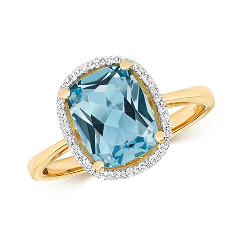 9CT DIAMOND AND LIGHT SWISS BLUE TOPAZ RING