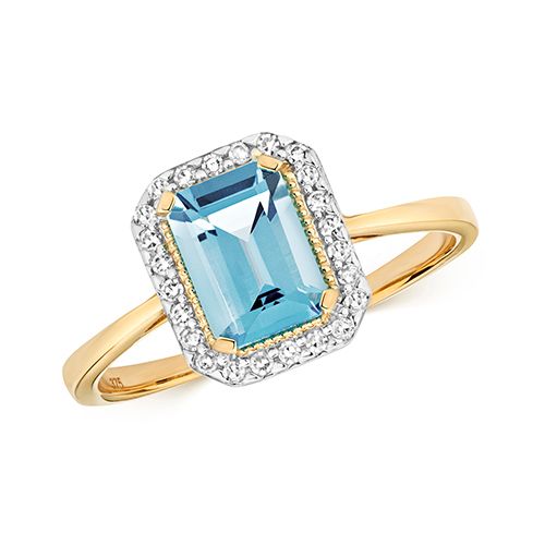 9CT DIAMOND AND LIGHT SWISS BLUE TOPAZ RING