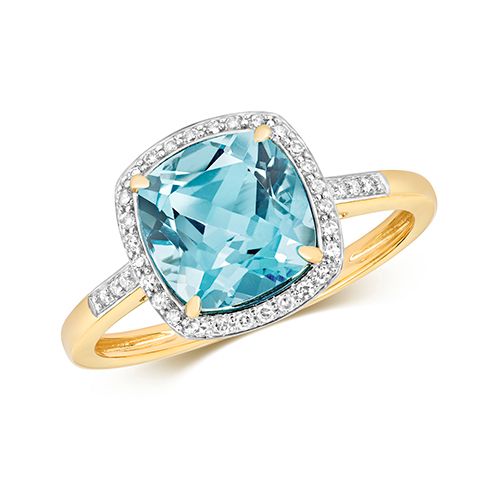 9CT DIAMOND AND LIGHT SWISS BLUE TOPAZ RING