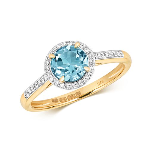 9CT DIAMOND AND LIGHT SWISS BLUE TOPAZ RING