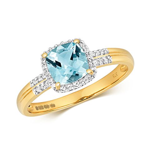 9CT DIAMOND AND LIGHT SWISS BLUE TOPAZ RING