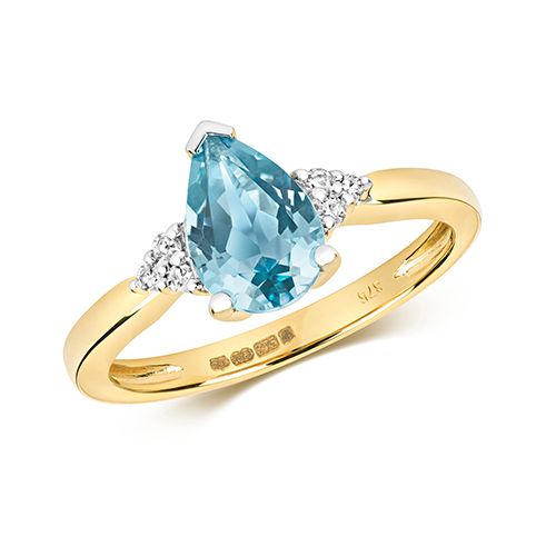 9CT DIAMOND AND LIGHT SWISS BLUE TOPAZ RING
