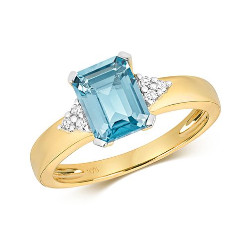 9CT DIAMOND AND LIGHT SWISS BLUE TOPAZ RING