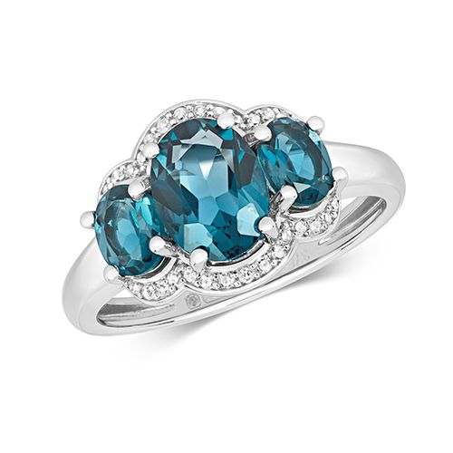 9CT DIAMOND AND LONDON BLUE TOPAZ RING 3/OV