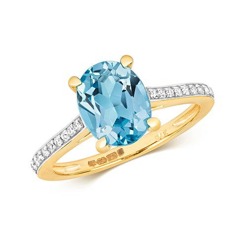 9CT DIAMOND AND LIGHT SWISS BLUE TOPAZ RING