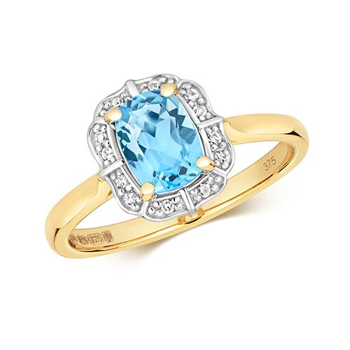 9CT DIAMOND AND LIGHT SWISS BLUE TOPAZ RING