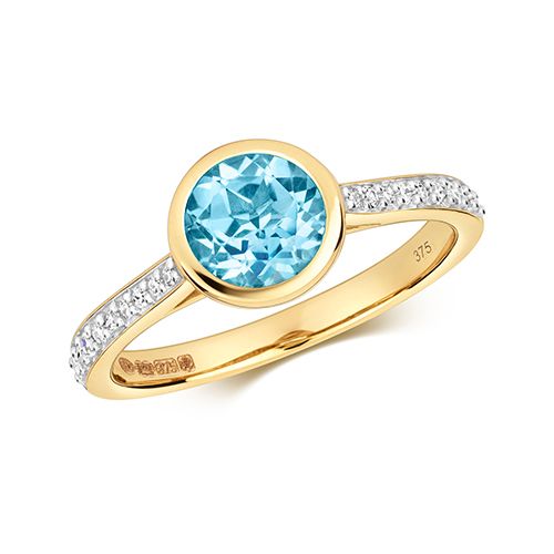 9CT DIAMOND AND LIGHT SWISS BLUE TOPAZ RING