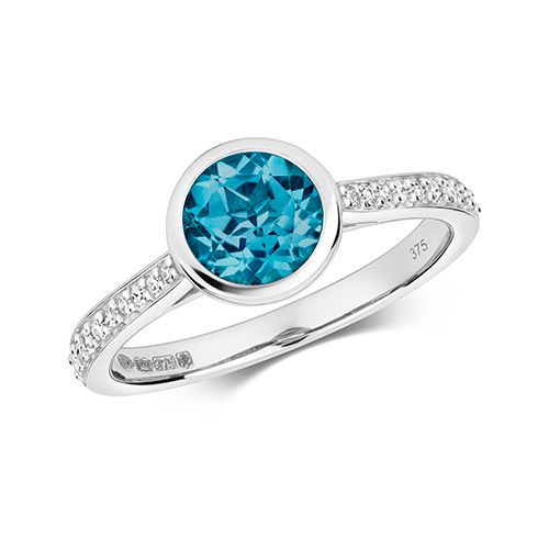 9CT DIAMOND AND LONDON BLUE TOPAZ RING
