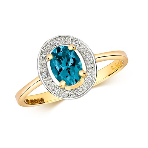 9CT DIAMOND & OVAL LONDON BLUE TOPAZ RING