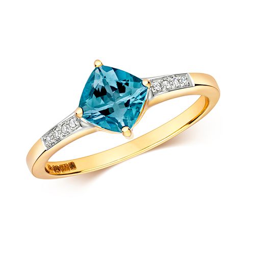 9CT DIAMOND & CUSHION LONDON BLUE TOPAZ RING