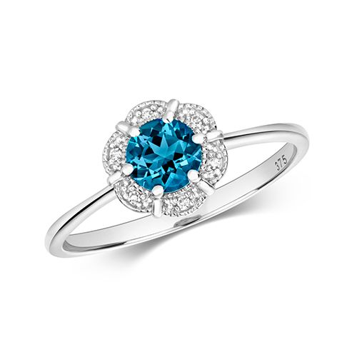 9CT DIAMOND & RD LONDON BLUE TOPAZ RING