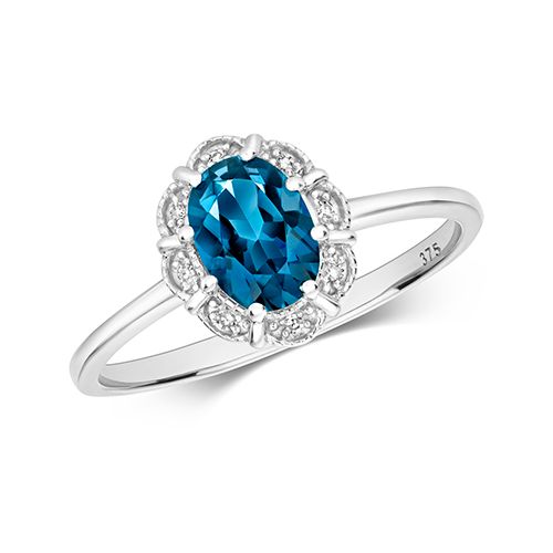 9CT DIAMOND & OV LONDON BLUE TOPAZ RING
