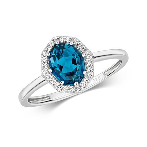 9CT DIAMOND & OC LONDON BLUE TOPAZ RING