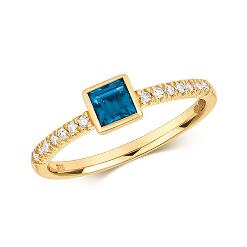 9CT DIAMOND & LONDON BLUE TOPAZ RING