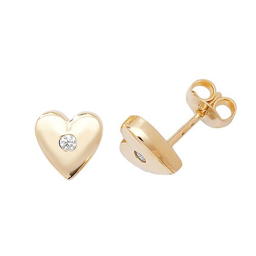 9CT YEL GOLD HEART WITH SINGLE CZ STUD EARRINGS