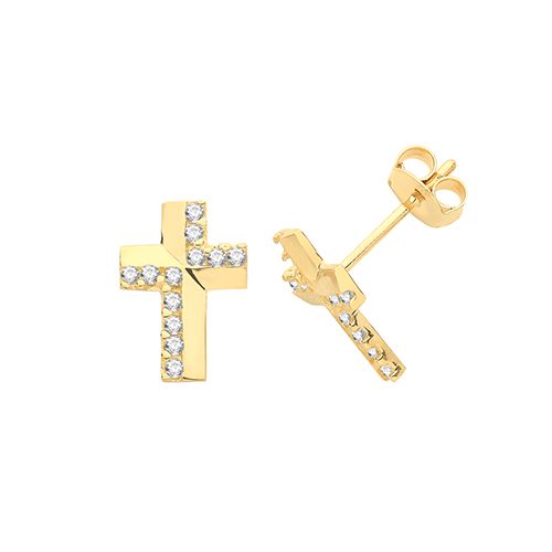 9CT YEL GOLD CZ CROSS STUD EARRINGS