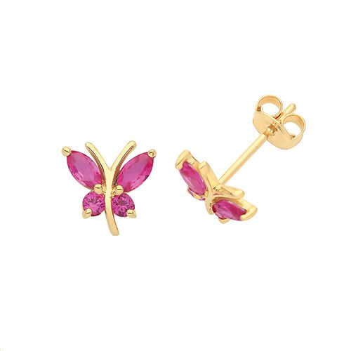 9CT YEL GOLD PINK ZIRCONIA BUTTERFLY STUD EARRINGS