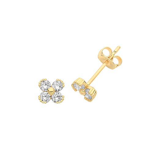 9CT YEL GOLD CZ 4 PETAL FLOWER STUD EARRINGS