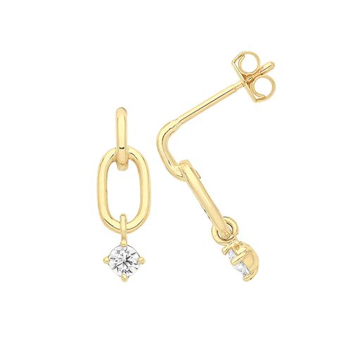 9CT YELLOW GOLD OVAL LINK STUD WITH HANGING CZ