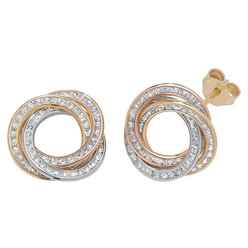 9CT TRICOLOUR GOLD CZ STUD EARRINGS