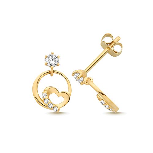 9CT YEL GOLD CZ HEART DROP IN CIRCLE EARRINGS