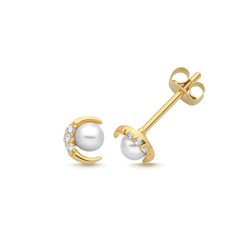 9CT YEL GOLD CZ CRESCENT MOON W/ PEAL STUD EARRINGS