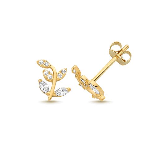 9CT YEL GOLD CZ BRANCH STUD EARRINGS