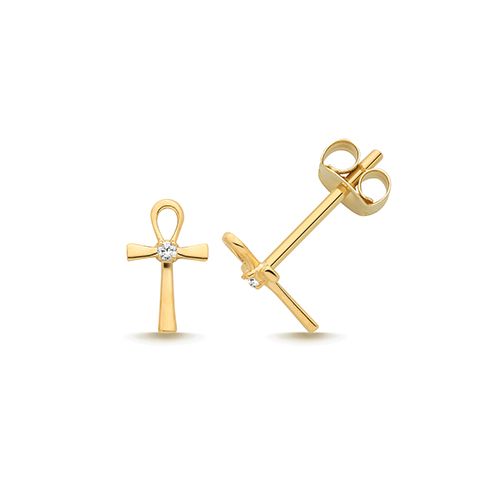 9CT YEL GOLD CZ EGYPTIAN ANKH CROSS STUD EARRINGS