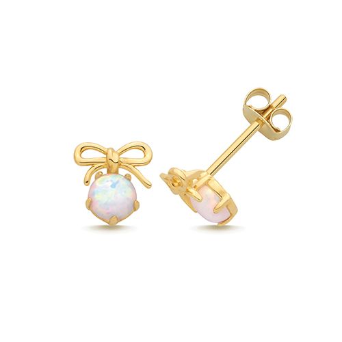 9CT YEL GOLD CZ BOW W/ OPAL STUD EARRINGS