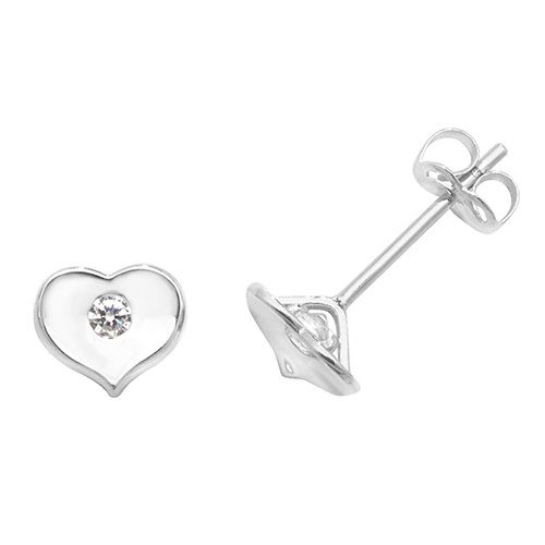 9CT WHT GOLD HEART WITH SINGLE CZ STUD EARRINGS