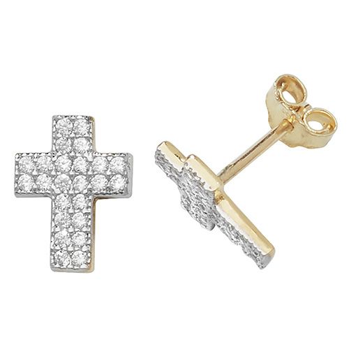 9CT YEL GOLD CROSS CZ STUD EARRINGS