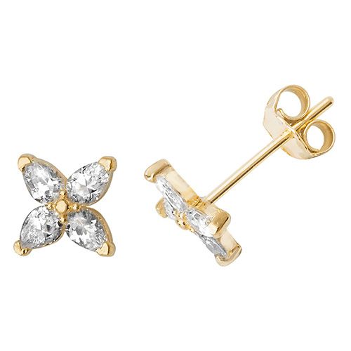 9CT YEL GOLD CZ FOUR-PETAL FLOWER STUD EARRINGS