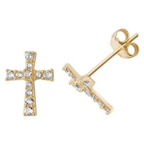 9CT YEL GOLD CZ CROSS STUD EARRINGS