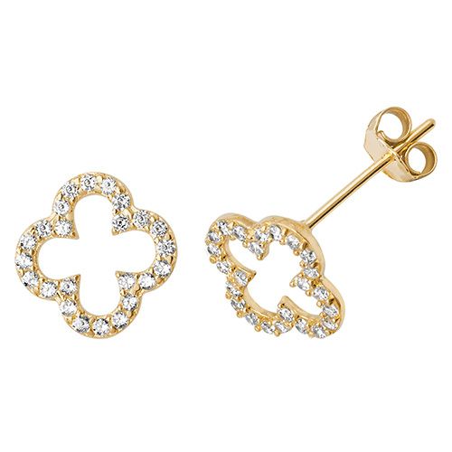 9CT YEL GOLD CZ OPEN CLOVER STUD EARRINGS