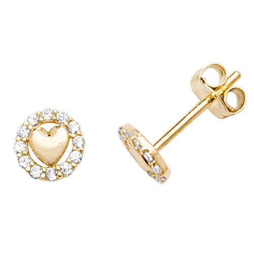 9CT YEL GOLD HEART&CZ CIRCLE STUD EARRINGS