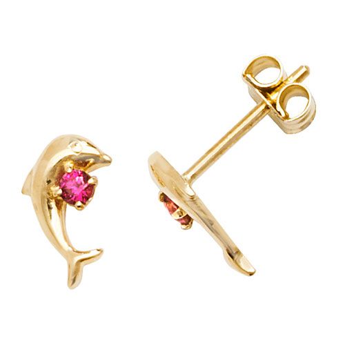 9CT YEL GOLD PINK CZ DOLPHIN STUD EARRINGS