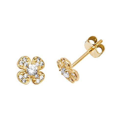 9CT YEL GOLD CZ FOUR-PETAL FLOWER STUD EARRINGS