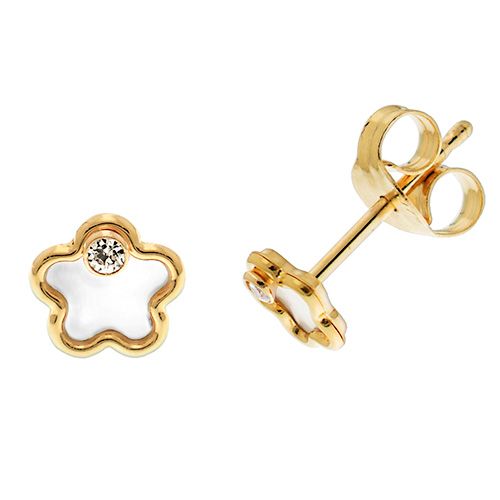 9CT YEL GOLD CZ&MOTHER OF PEARL FLOWER STUD EARRINGS