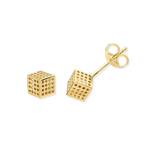 9CT YEL GOLD DOTTED CUBE STUD EARRINGS