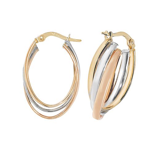 9CT TRI COL GOLD OVL HOOP EARRINGS