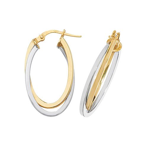 9CT YEL/WHT GOLD OVL DBL HOOP EARRINGS